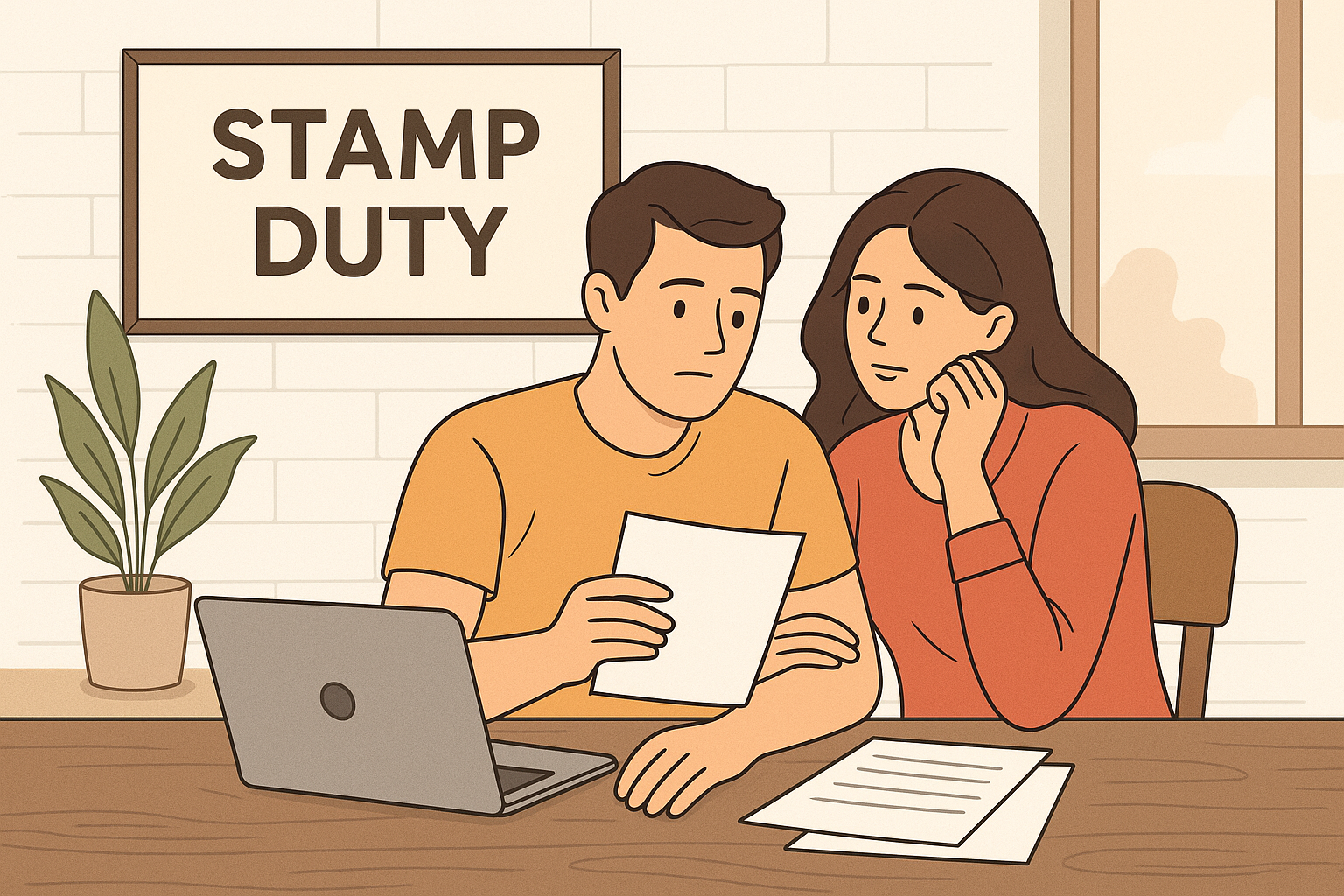 A young couple reviewing paperwork with a laptop on the table, concerned about stamp duty costs while buying their first home.