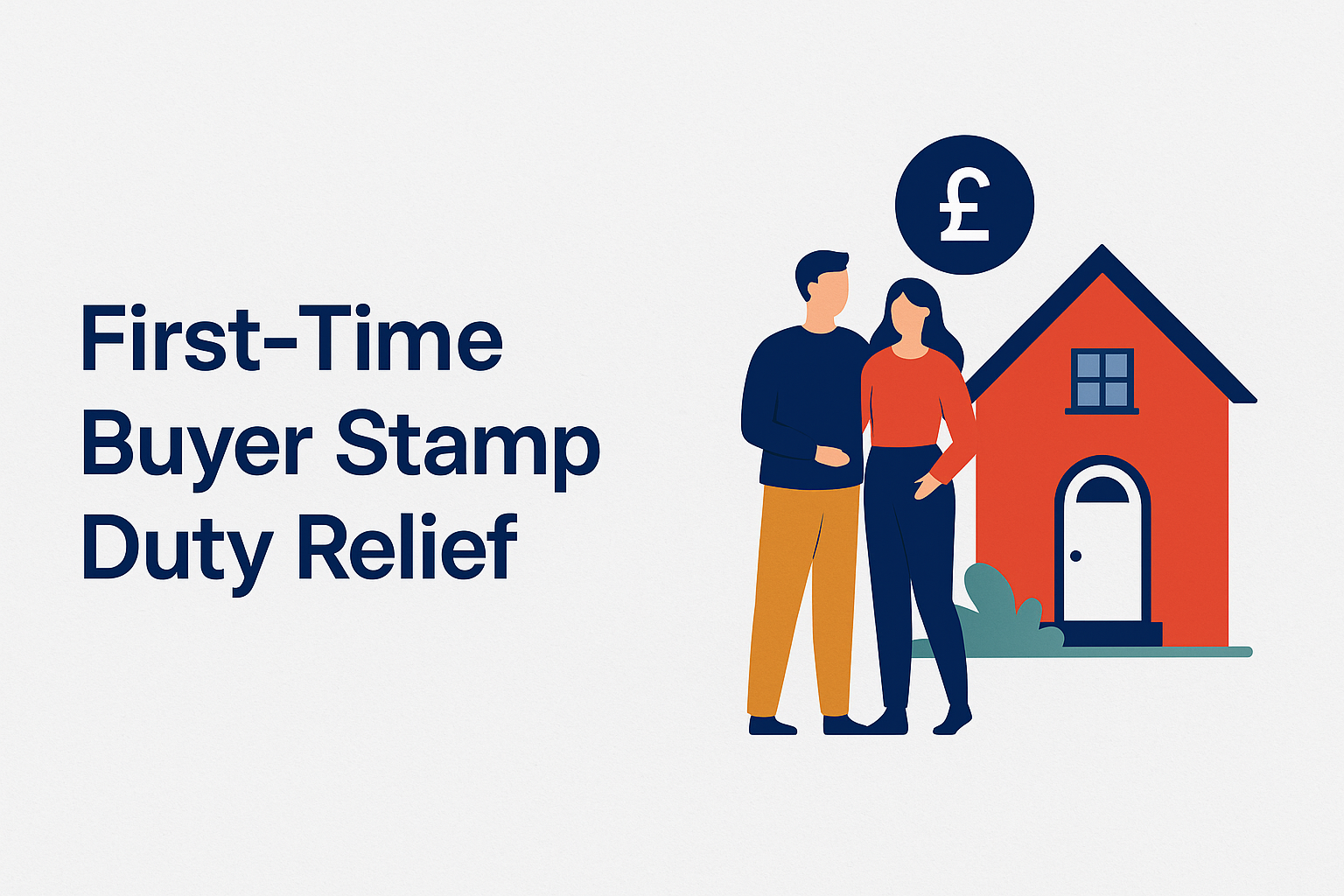 Illustration of a young couple standing in front of a red two-story house, representing first-time buyers benefiting from stamp duty relief in 2025.